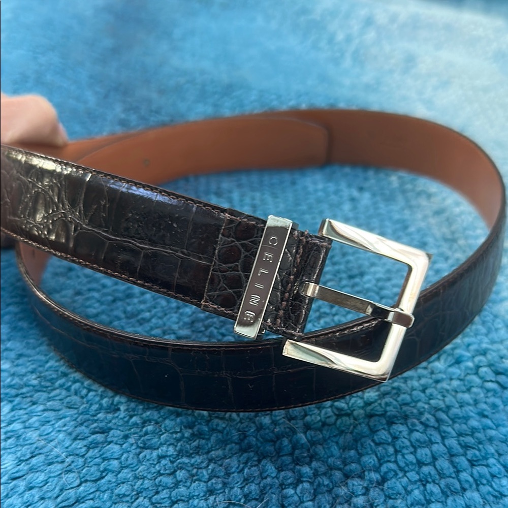 Celine Brown Crocodile-Pattern Belt with Silver Buckle